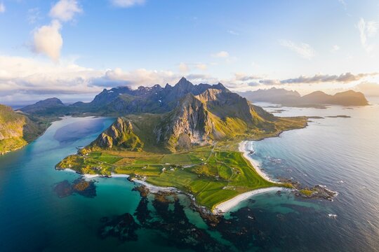 View of Flakstad and the beach of Skagsanden, mountains and fjord, aerial view, Lofoten, Norway, Europe