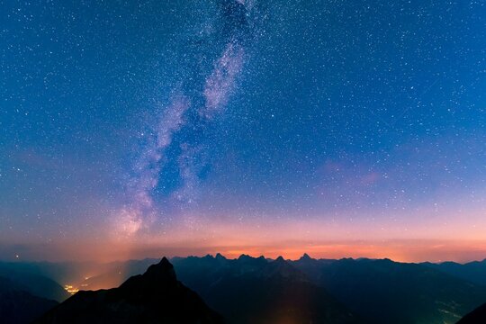 Starry sky with Milky Way and Lechtal Alps in the background, Elmen, Lechtal Alps, Ausserfern, Tyrol, Austria, Europe