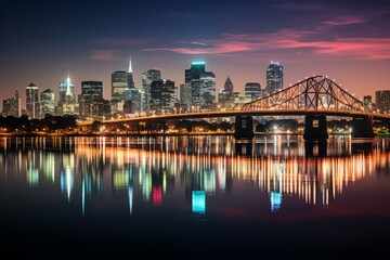 City skyline at night with bridge over water, skyscrapers and cloudfilled sky - obrazy, fototapety, plakaty