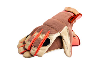 Fabric work gloves with leather inserts on a white background.