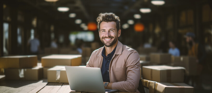 Emprendedores Peque&ntilde;a empresa independiente. hombre trabajo en casa Utilizar ordenadores port&aacute;tiles para la comprobaci&oacute;n comercial, marketing en l&iacute;nea, cajas de embalaje, vendedores de PYME