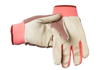 hand in a working leather glove isolated on a white background. Shows gestures.