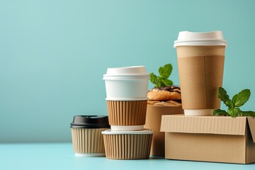 Multiple coffee cups placed on top of a cardboard box, set against a blue background.