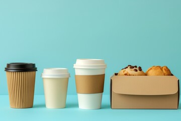 A selection of donuts, a cup of coffee, and a box of cookies arranged on blue background.