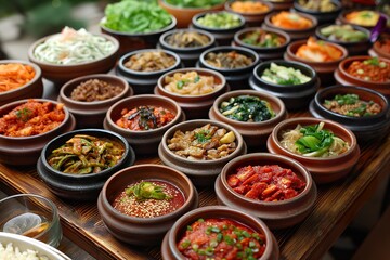 An array of bowls filled with food on a wooden table.