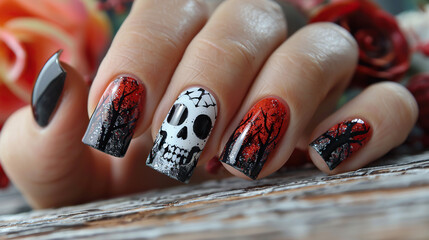 acrylic gel nail art of winter autumn style, halloween skull art french manicure style nails 