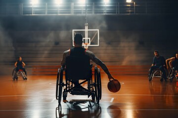 A man in a wheelchair skillfully plays basketball on the court.