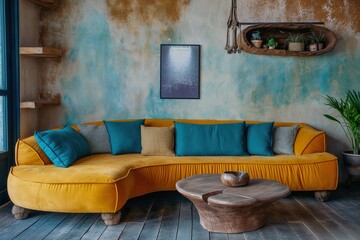 A living room featuring a yellow couch adorned with blue pillows, creating a vibrant and cozy atmosphere.