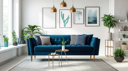 A studio living room featuring a dark blue couch and several potted plants placed strategically around the room.