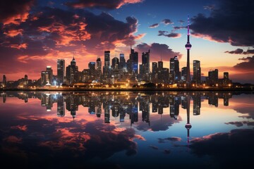 Torontos skyline is mirrored in the water as the sun sets - obrazy, fototapety, plakaty