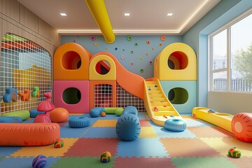 A childs playroom featuring a slide and playground equipment for active play and fun.