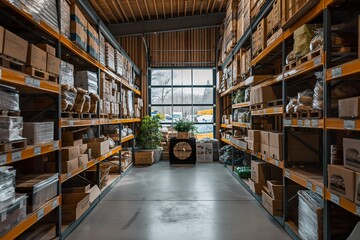 The interior of a warehouse is packed with shelves filled with boxes of various sizes.