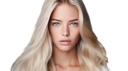 Close up face of beautiful smiling Caucasian woman with blue eyes, isolated cutout people on transparent background