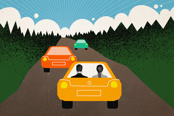 Collage pinup pop image of happy cheerful people riding car summer vacation weekend trip countryside isolated on painted background