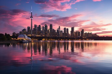 Toronto skyline reflected in water at sunset, creating a stunning afterglow