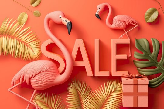 A pink flamingo holding a sale sign surrounded by tropical leaves.