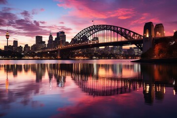 Sydney Harbor Bridge reflected in water at sunset with afterglow
