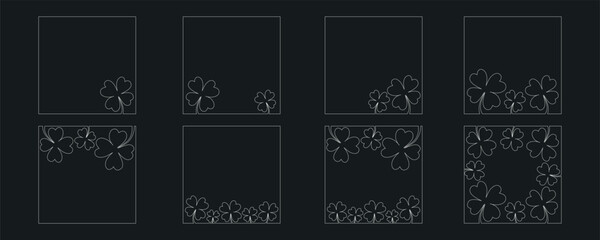 Clover flower frame for Saint Patrick day - good lucky symbol, single line. Vector stock minimalism illustration isolated on black background for design template social media. Editable stroke.