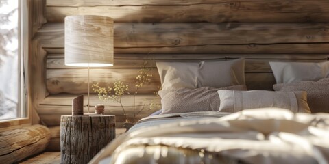 Fototapeta na wymiar lamp on a wooden bedside table in the bedroom Generative AI