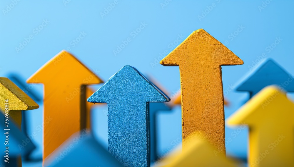 Poster vibrant financial growth arrows background with ample space for text placement and dynamic design