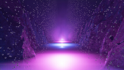 Three-Dimensional Illustration. A Mystical Cave With Blue And Purple Lighting And Mystical Bubbles For Wallpapers And Templates 