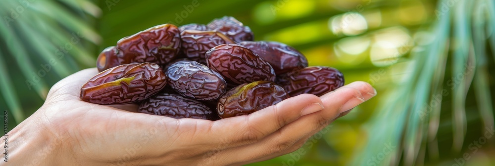 Poster hand holding sweet dates with copy space on blurred background, perfect for text placement