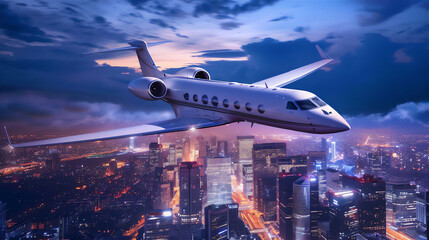 luxury white private jet plane flying above the city at sunset