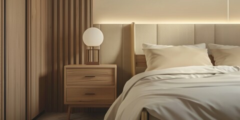 Fototapeta na wymiar wooden bedside table in the bedroom Generative AI