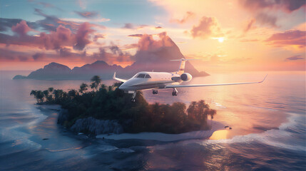 luxury private jet plane flying above the island at sunset