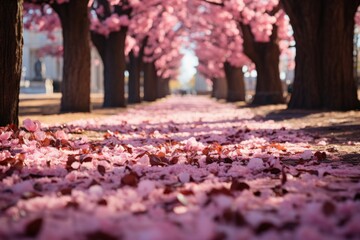 Row of pink cherry blossom trees with petals on the ground