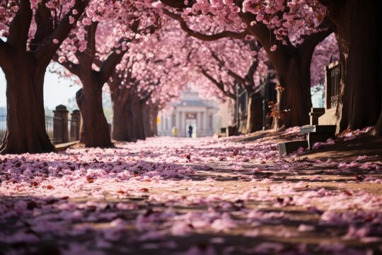 Cherry blossom trees decorate the cemetery with a row of beautiful pink blooms