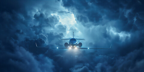 airplane private jet flying in the sky with dramatic storm clouds at night