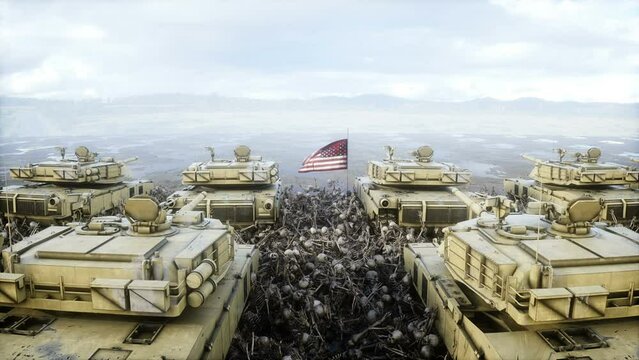 American military tanks Abrams and skulls. Help for ukraine. Anti war concept.