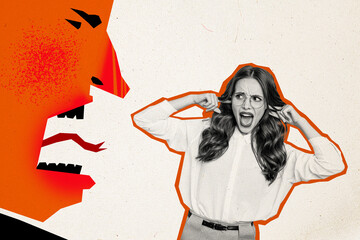 Photo collage illustration stressed woman suffer bossy employer scream ignore outraged bullying...