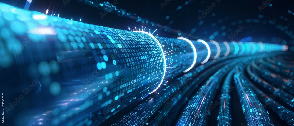 Aufkleber a long digital pipeline shaped by vibrant glowing blue matrix binary code. isolated on black backgro
