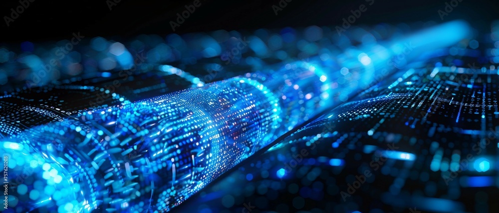 Poster a long digital pipeline shaped by vibrant glowing blue matrix binary code. isolated on black backgro