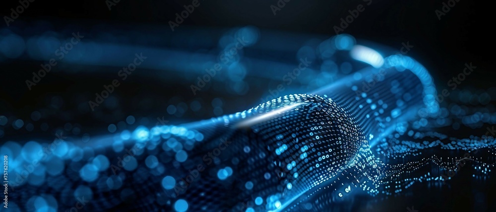 Aufkleber a long digital pipeline shaped by vibrant glowing blue matrix binary code. isolated on black backgro