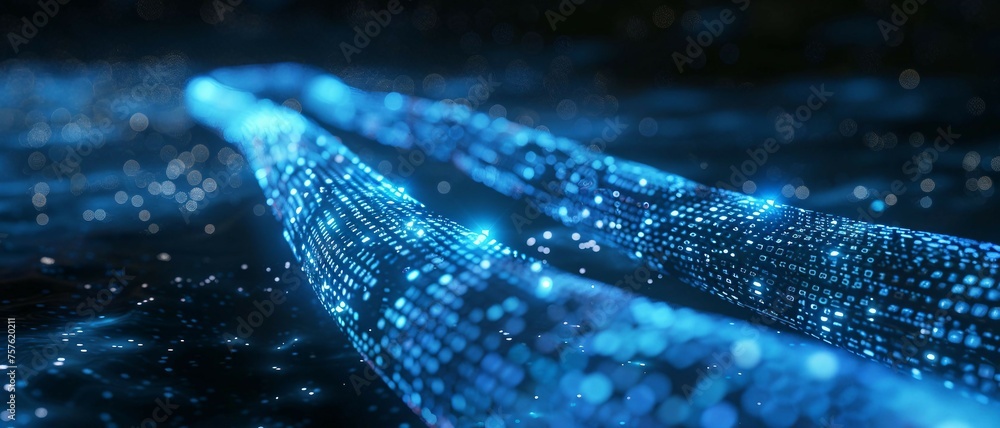 Poster a long digital pipeline shaped by vibrant glowing blue matrix binary code. isolated on black backgro