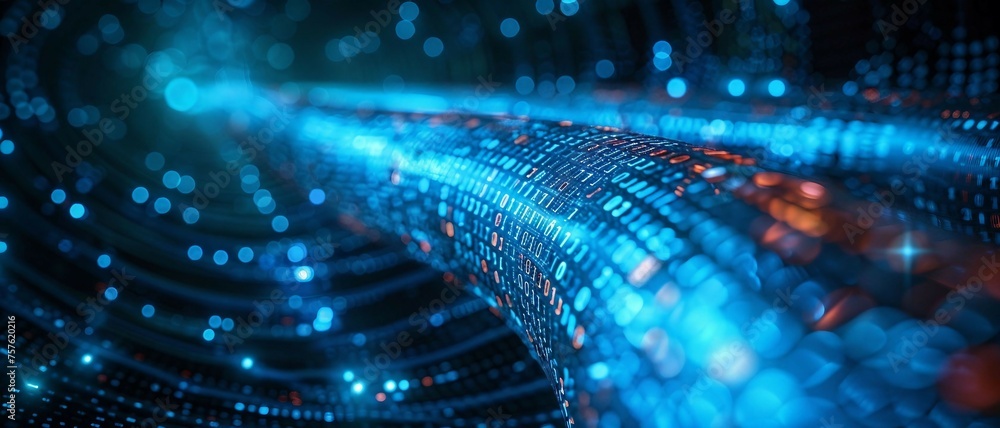 Poster a long digital pipeline shaped by vibrant glowing blue matrix binary code. isolated on black backgro