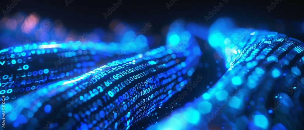 Poster a long digital pipeline shaped by vibrant glowing blue matrix binary code. isolated on black backgro