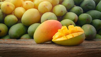  mango juicy food fresh juicy a pile of mangoes sitting on top of a wooden table,