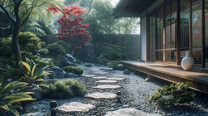 Zen-inspired landscaping, minimalist aesthetics, modern tranquility, peaceful living.