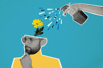 Collage picture image of minded man watering flowers growing on his head isolated over painted...