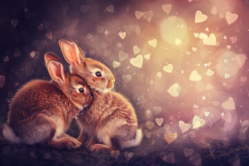 Fototapeta na wymiar Tender Bunny Embrace Amidst a Whimsical Heart Bokeh. Love, Affection Concept. Valentine's Day. Generative AI. 