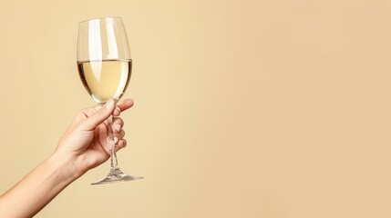 Hand holding white wine glass on pastel background with space for text placement