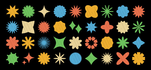 Fototapeta na wymiar Star and flower shape, y2k retro element, abstract spark symbol, glow color icon set, geometric badge, graphic funky sticker on black background. Cartoon vector illustration