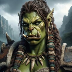 Warrior Orc Woman in Misty Mountain Terrain