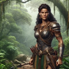 An amazon warrior poised in a misty tropical jungle
