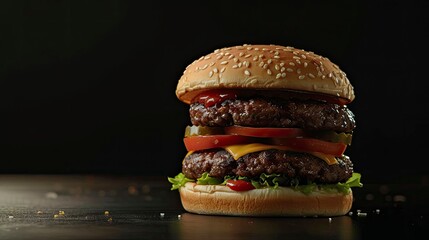 A very tall hamburger, over a black background, copy space - generative ai