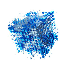 Schwebender blauer Würfel, Zusammensetzung aus Fragmenten isoliert 3D Render